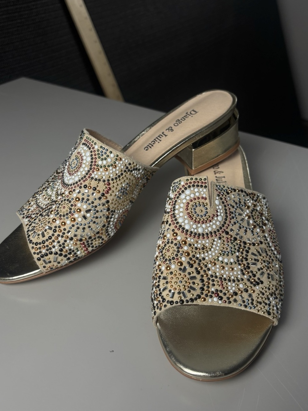 Django & Juliette Tammy Embellished Mules Gold & Brown EU 38